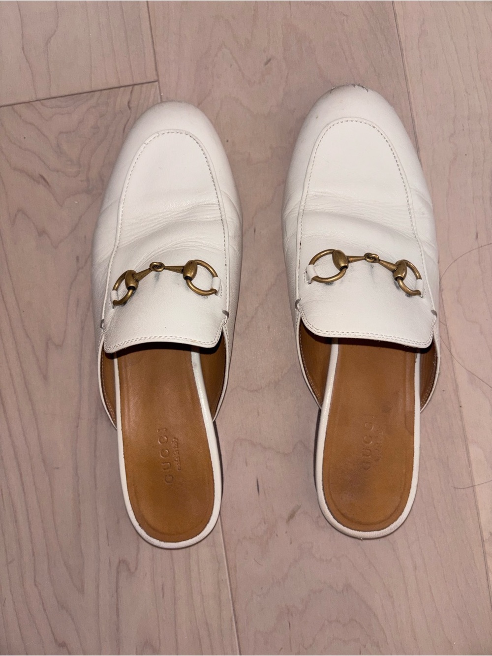 Gucci White Leather Horsebit Backless Mules